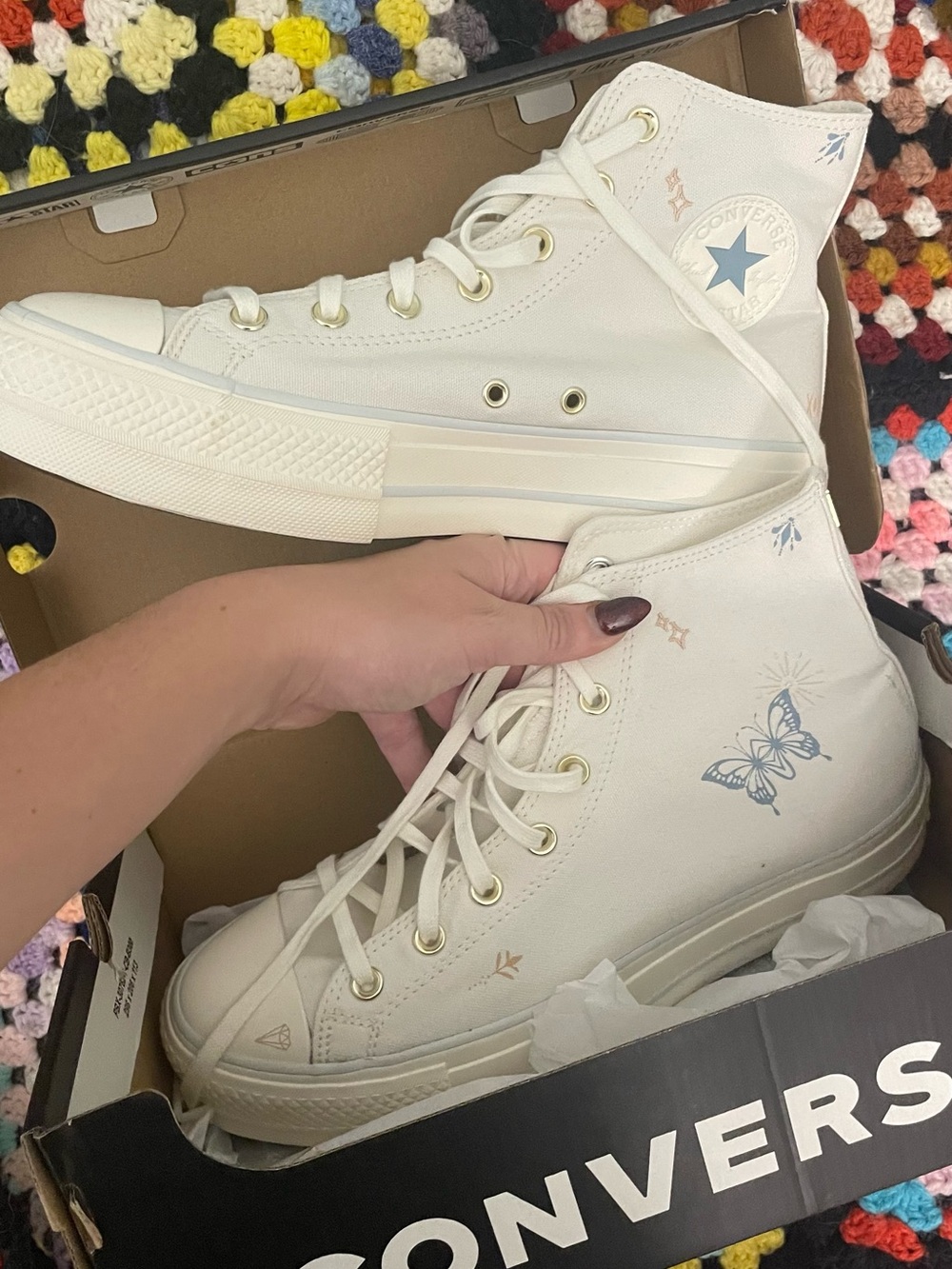 Converse Women's Cream High Top Lace-Up Boots with Blue Butterfly